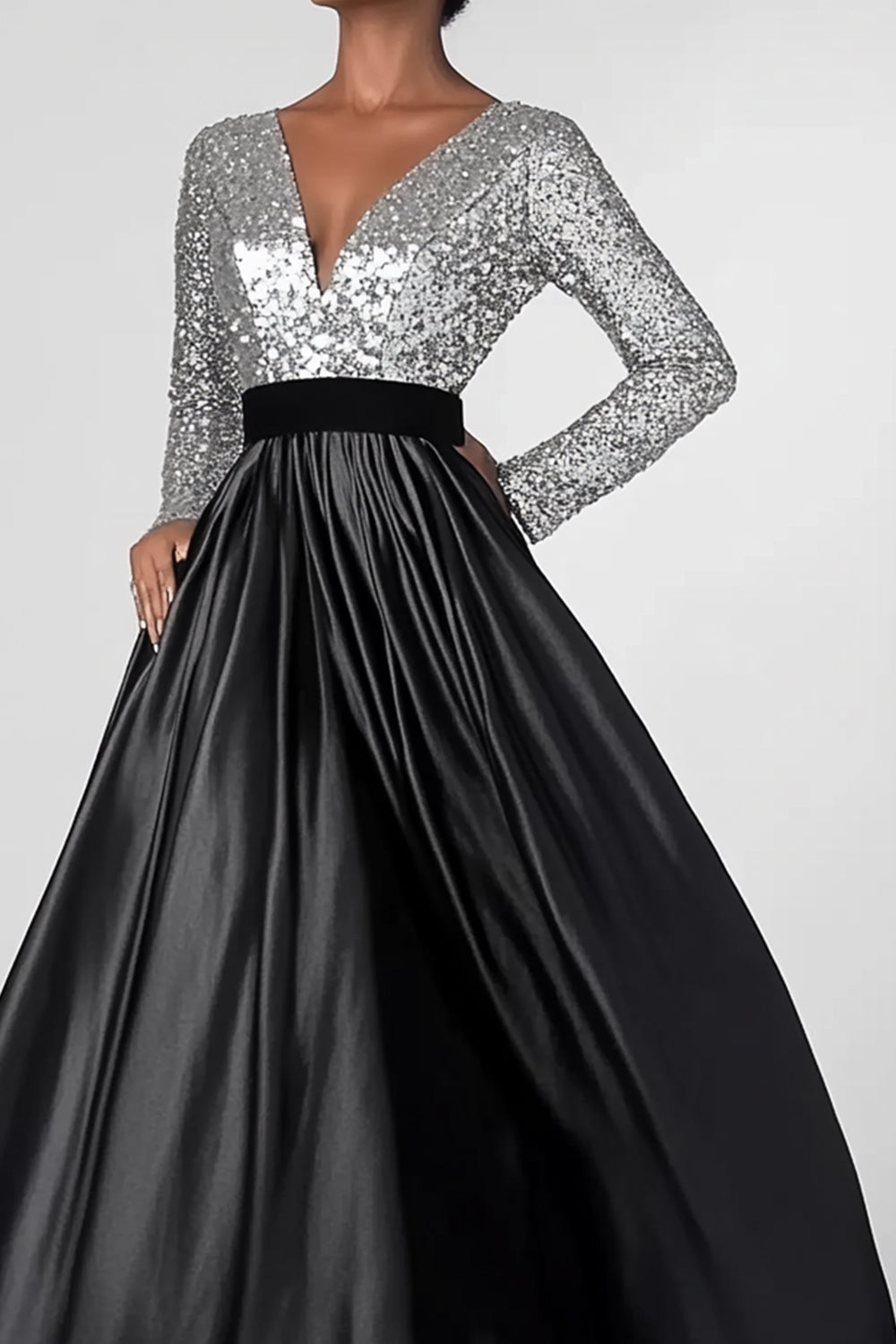 Robe longue à paillettes noire argentée à paillettes noire scintillante Mère de la mariée