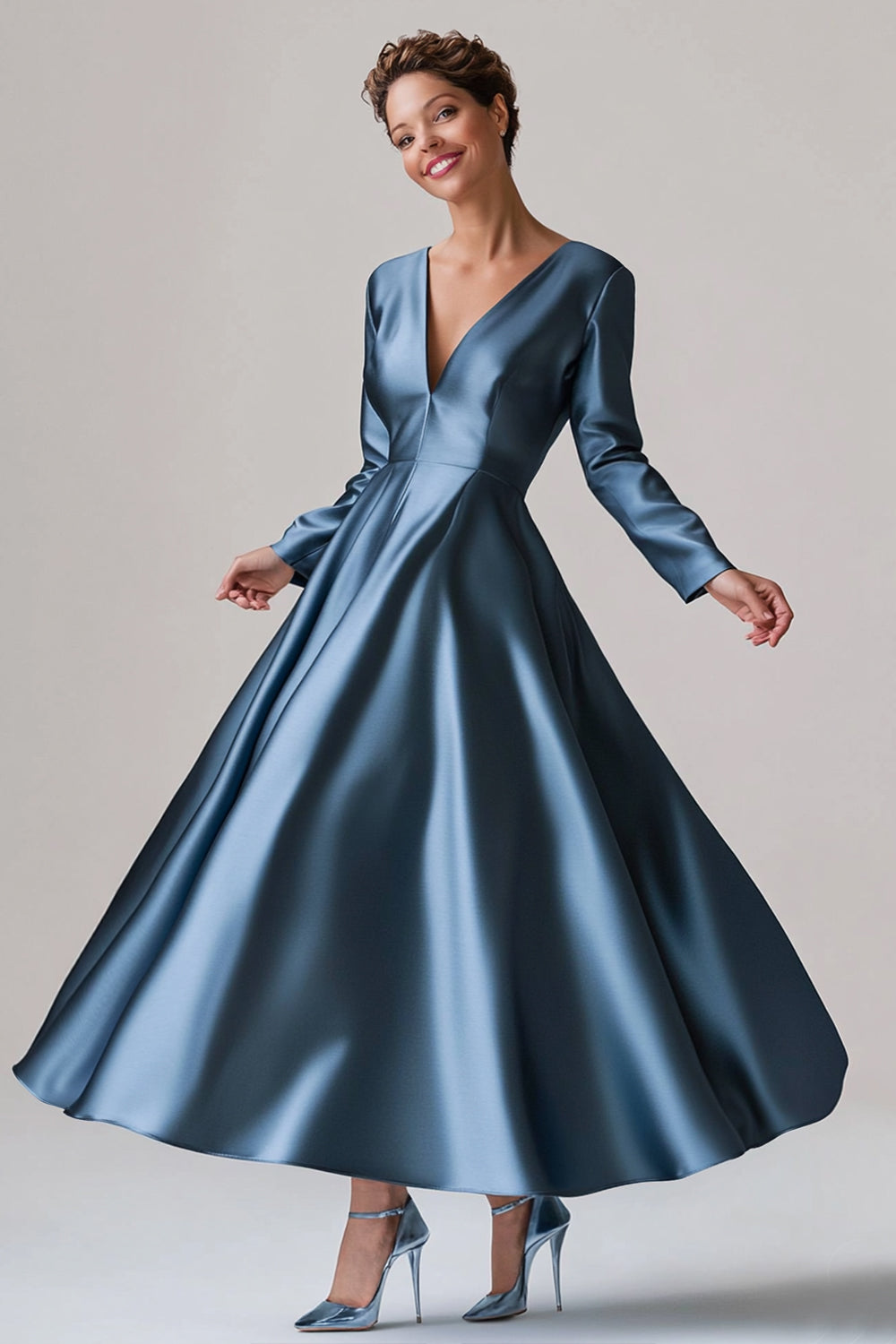 Bleu A-ligne Col V Manches Longues Satin Longue Mère De La Mariée Robe