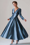 Bleu A-ligne Col V Manches Longues Satin Longue Mère De La Mariée Robe