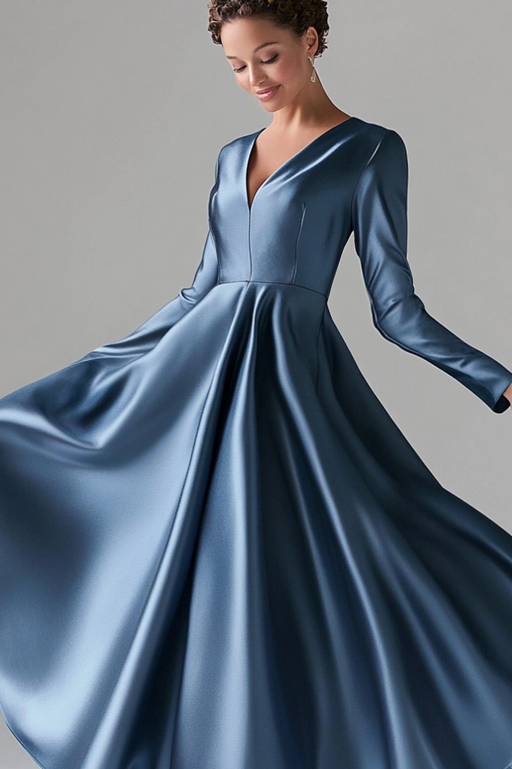Bleu A-ligne Col V Manches Longues Satin Longue Mère De La Mariée Robe