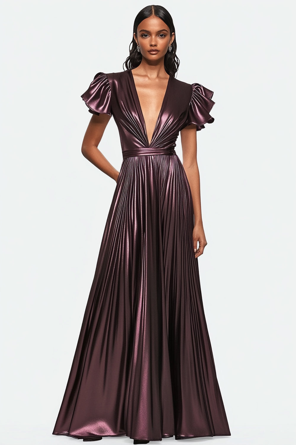 Robe formelle en satin métallisé plissé violet poussiéreux à col en V