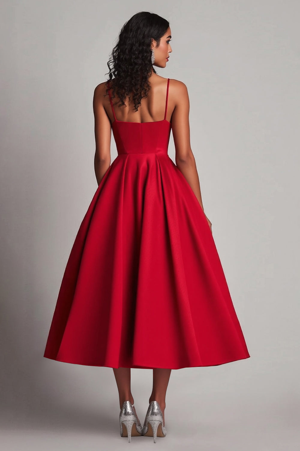 Robe formelle en satin rouge A-ligne longueur thé