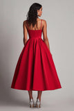 Robe formelle en satin rouge A-ligne longueur thé