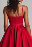 Robe formelle en satin rouge A-ligne longueur thé