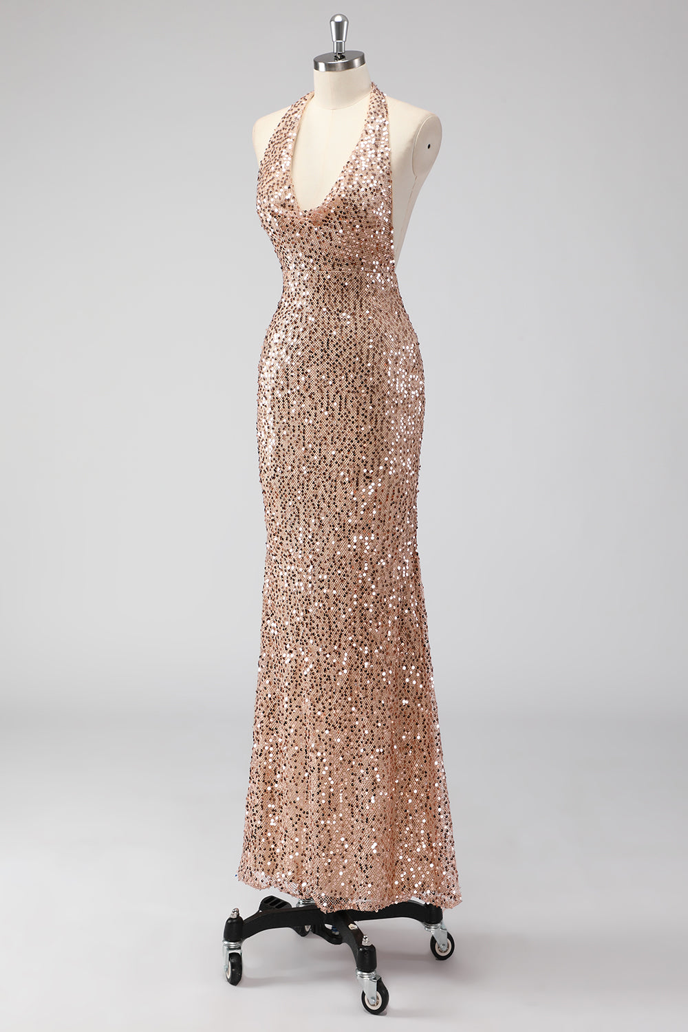 Glitter Champagne Sirène Dos Nu Robe de soirée Longue Dos Nu Avec Paillettes