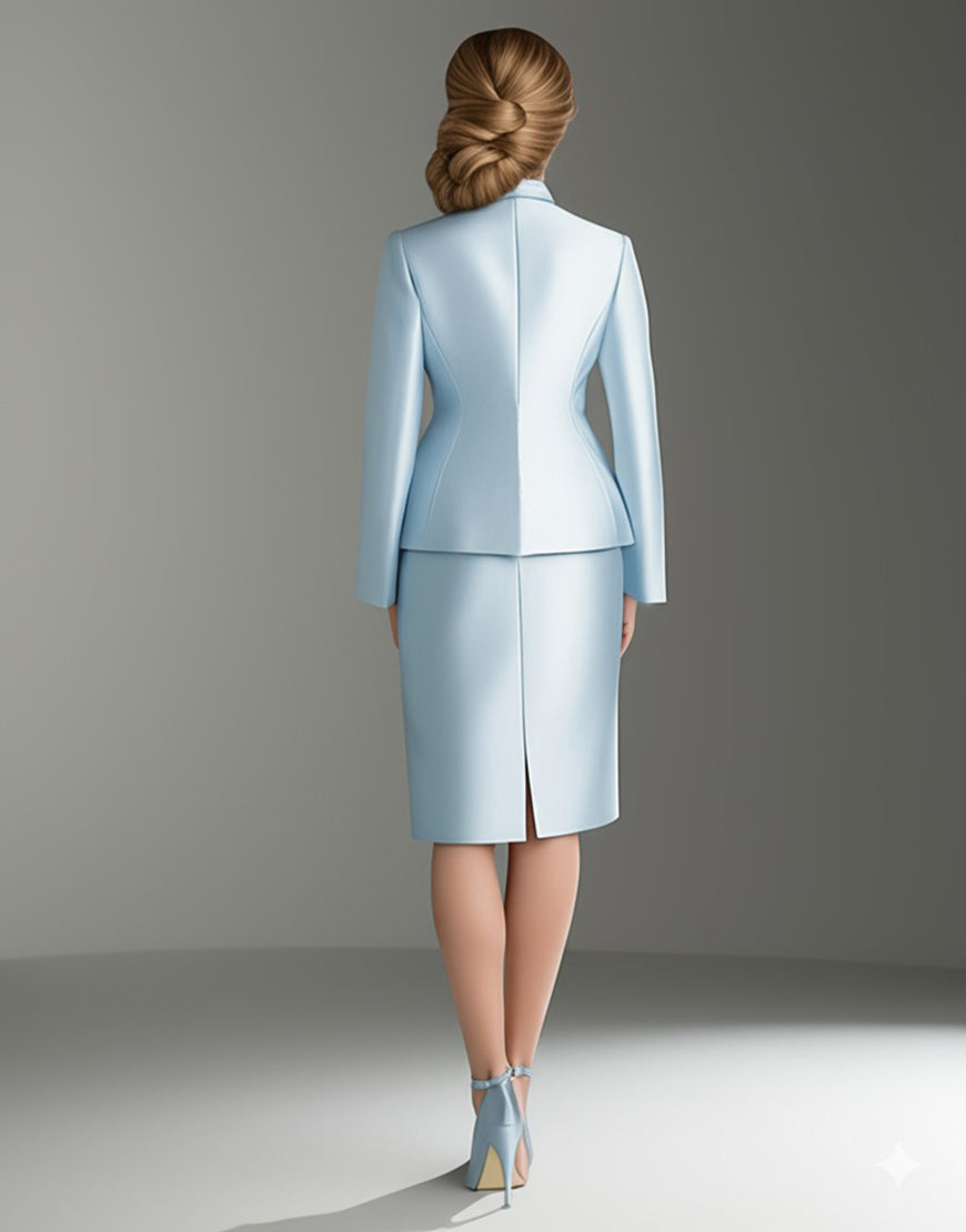 Satin Bleu Col En V Manches Longues 2 pièces Robe Mère De La Mariée