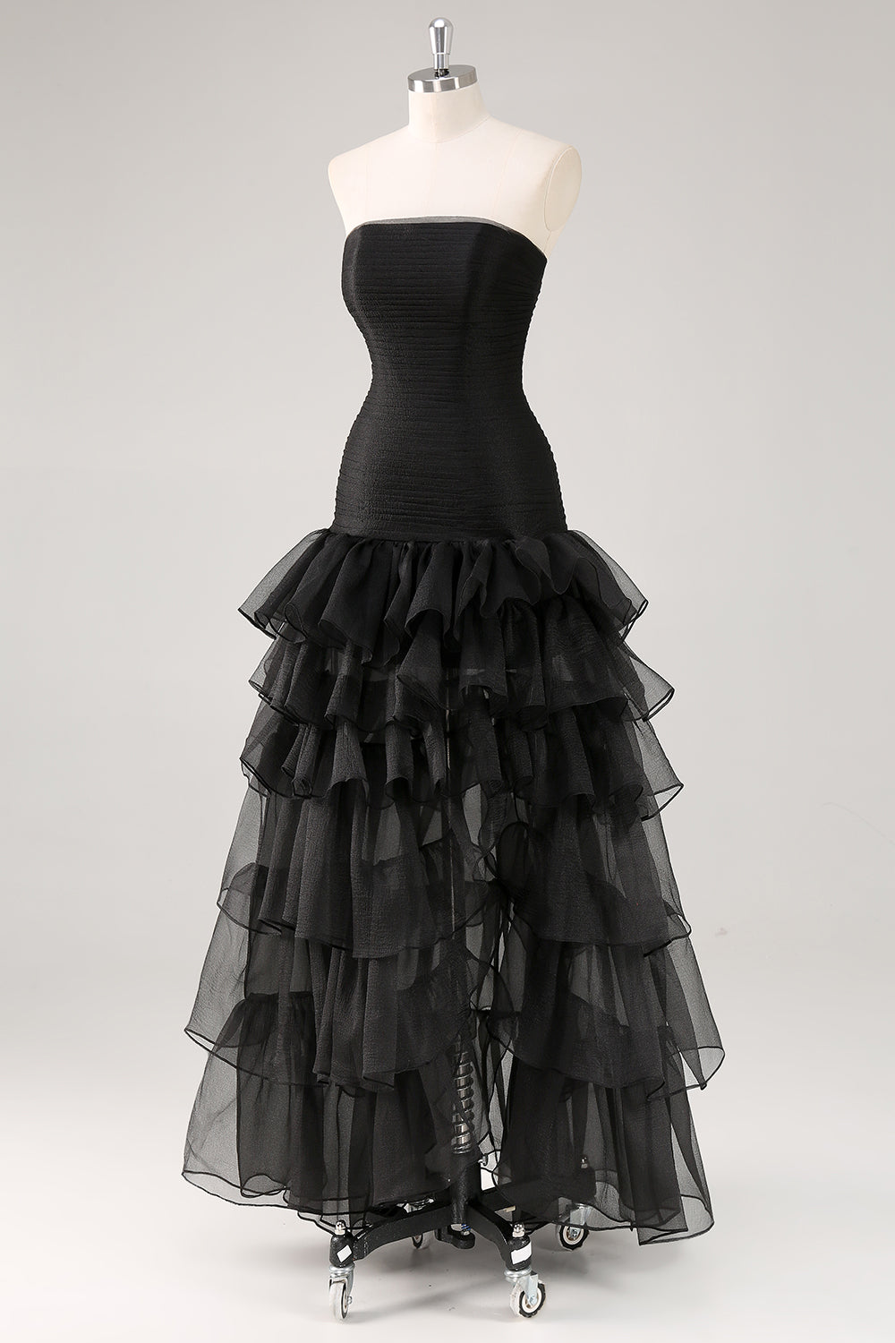 Robe formelle à volants en tulle sans bretelles noir