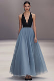 Col V Noir Bleu Plissé Tulle Robe Longue Formelle