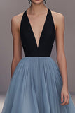 Col V Noir Bleu Plissé Tulle Robe Longue Formelle