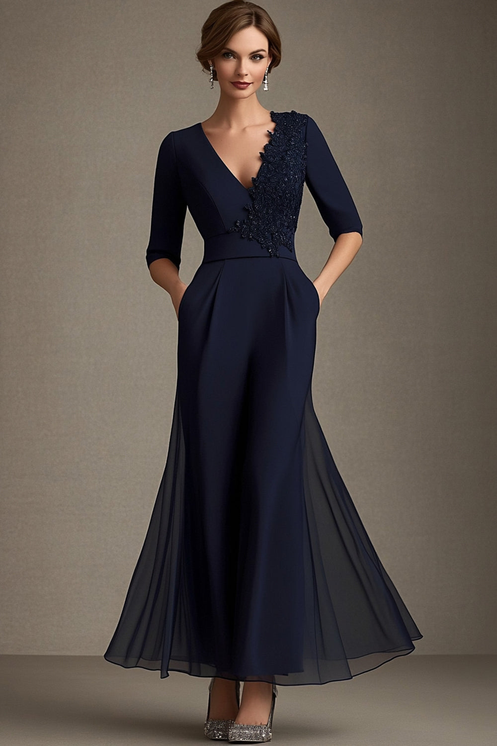 Bleu marine col en V mousseline de soie trapèze demi-manches Mère de la mariée Robe avec appliques