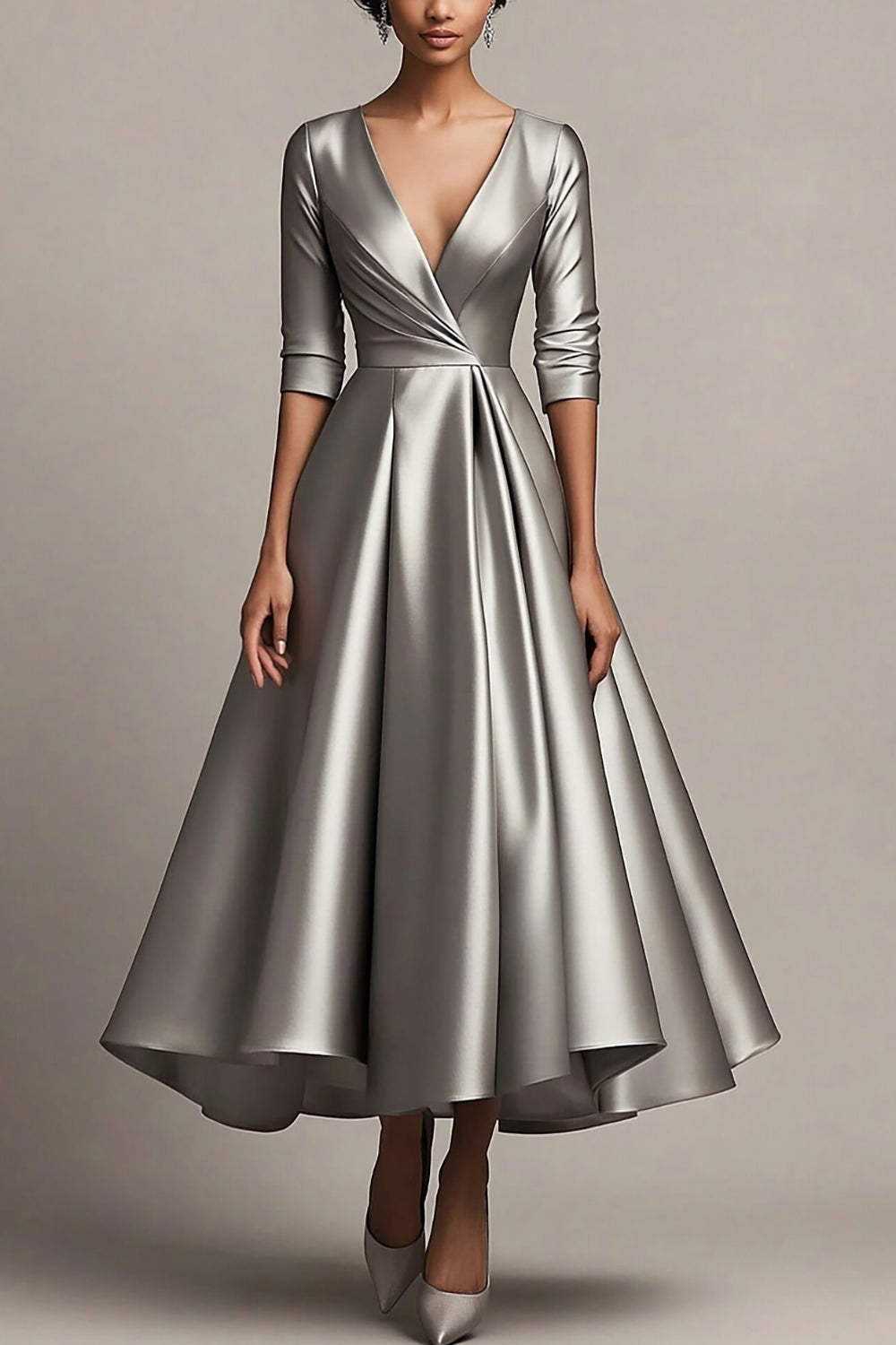 Col V A Ligne Satin Manches Grises Longueur Veau Robe Mère