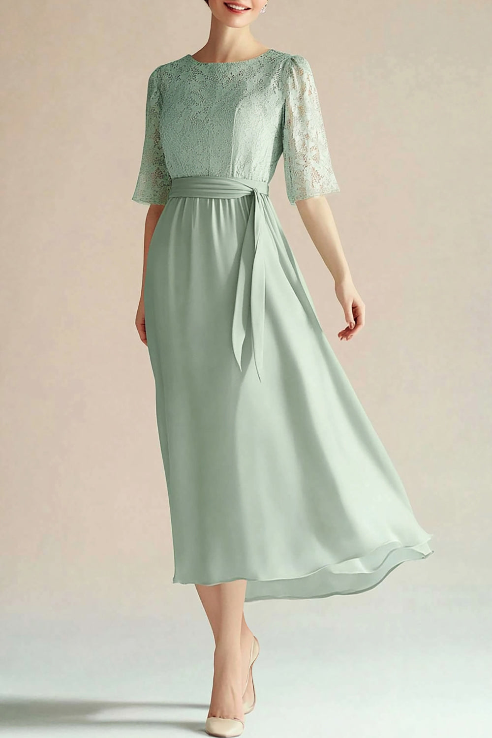 Col bateau en mousseline de soie vert clair Une ligne 3/4 Manches Mollet Robe mère