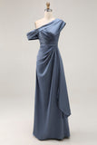 Sirène gris bleu une épaule Satin froncé Mère de la mariée robe à volants