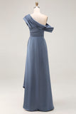 Sirène gris bleu une épaule Satin froncé Mère de la mariée robe à volants