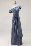 Sirène gris bleu une épaule Satin froncé Mère de la mariée robe à volants