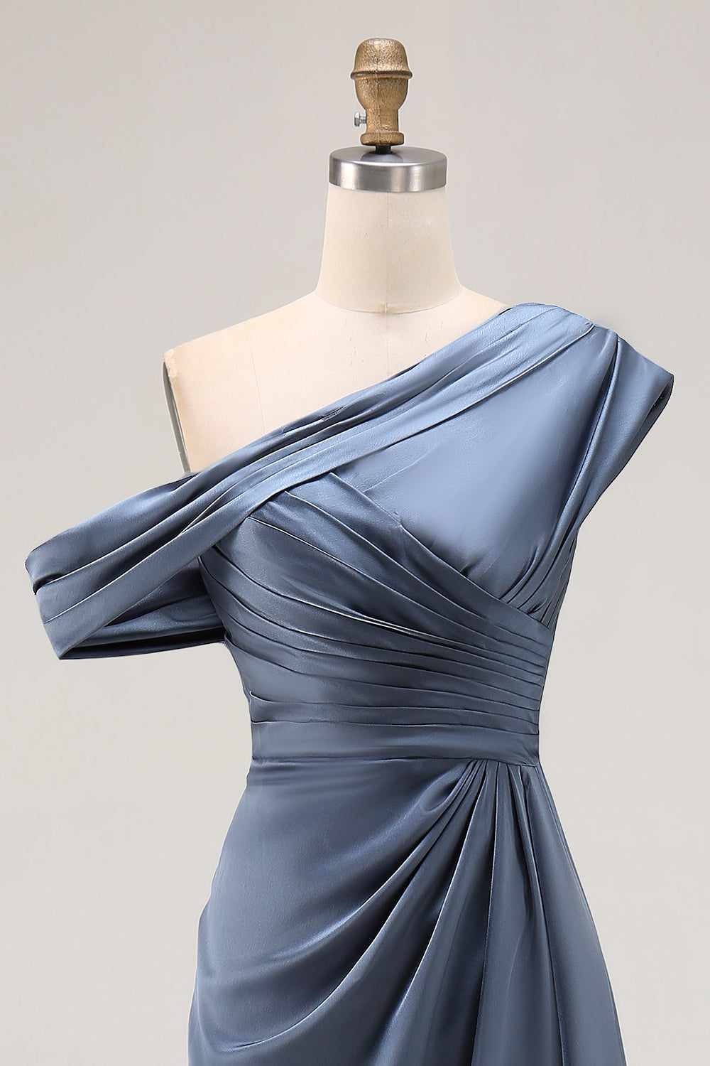 Sirène gris bleu une épaule Satin froncé Mère de la mariée robe à volants
