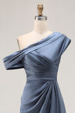 Sirène gris bleu une épaule Satin froncé Mère de la mariée robe à volants