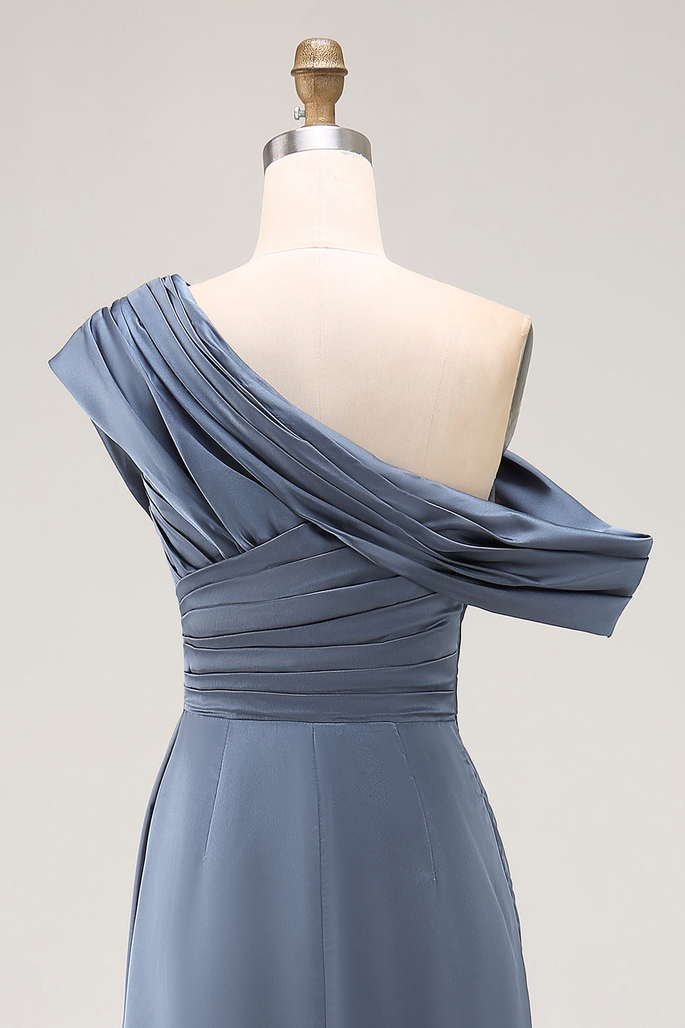 Sirène gris bleu une épaule Satin froncé Mère de la mariée robe à volants