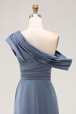 Sirène gris bleu une épaule Satin froncé Mère de la mariée robe à volants