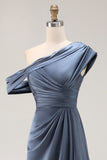 Sirène gris bleu une épaule Satin froncé Mère de la mariée robe à volants