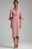 Robe longue mère moulante en mousseline de soie à col en V rose avec manches 1/2