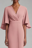 Robe longue mère moulante en mousseline de soie à col en V rose avec manches 1/2