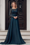 Elégant Navy Scoop Une Ligne En Dentelle Satinée Robe Mère De La Mariée À Manches Longues