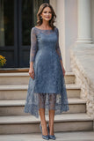 Dentelle Bleu Poussiéreux Trapèze Robe Midi Mère de la Mariée