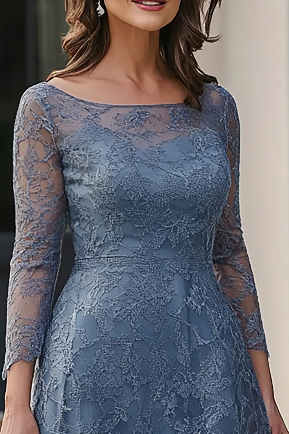 Dentelle Bleu Poussiéreux Trapèze Robe Midi Mère de la Mariée
