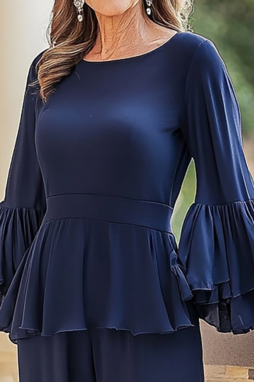 Mousseline de soie marine à manches longues mère de la mariée pantalons tailleurs à volants