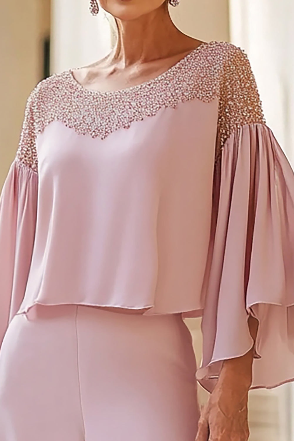 Pull Round Collar Mousseline de soie Mère de la mariée Tailleurs pantalon avec perles