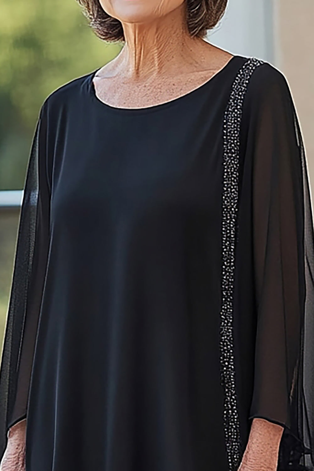 Noir col rond mousseline de soie manches longues 2 pièces mère de la mariée pantalons tailleurs