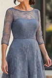 Dentelle Bleu Poussiéreux Demi-Manches Thé Longueur Mère de la Robe de la Mariée