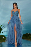 Noir A-ligne spaghetti bretelles fleurs volants tulle longue robe de bal avec fente