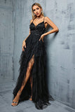 Noir A-ligne spaghetti bretelles fleurs volants tulle longue robe de bal avec fente