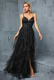Noir A-ligne spaghetti bretelles fleurs volants tulle longue robe de bal avec fente