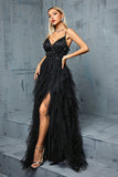 Noir A-ligne spaghetti bretelles fleurs volants tulle longue robe de bal avec fente