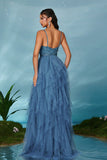 Noir A-ligne spaghetti bretelles fleurs volants tulle longue robe de bal avec fente