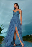 Noir A-ligne spaghetti bretelles fleurs volants tulle longue robe de bal avec fente