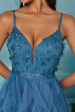 Noir A-ligne spaghetti bretelles fleurs volants tulle longue robe de bal avec fente