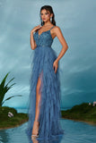 Noir A-ligne spaghetti bretelles fleurs volants tulle longue robe de bal avec fente