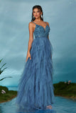 Noir A-ligne spaghetti bretelles fleurs volants tulle longue robe de bal avec fente