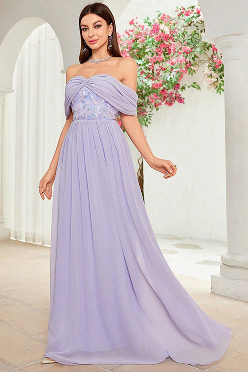 Robe de bal longue florale violet gris à épaules dénudées