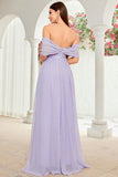 Robe de bal longue florale violet gris à épaules dénudées