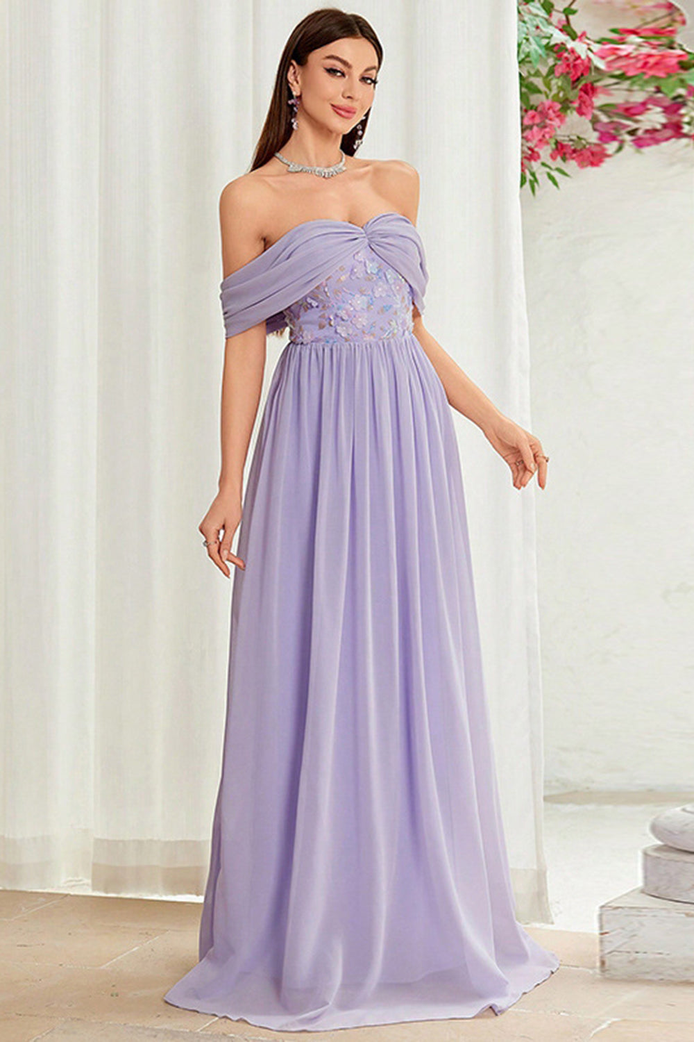 Robe de bal longue florale violet gris à épaules dénudées