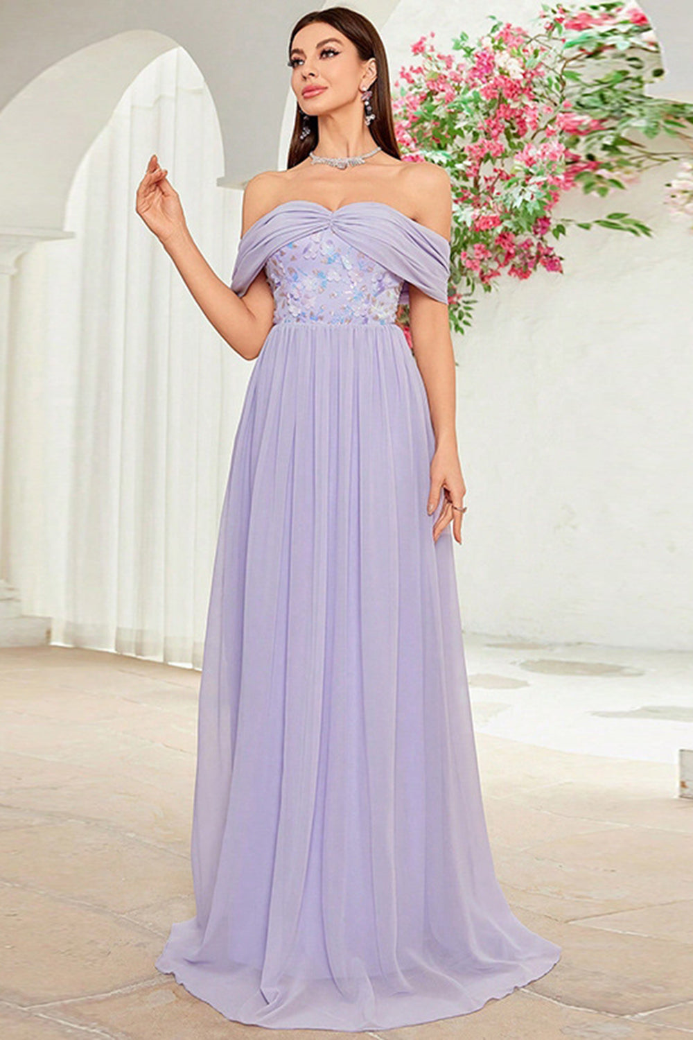 Robe de bal longue florale violet gris à épaules dénudées