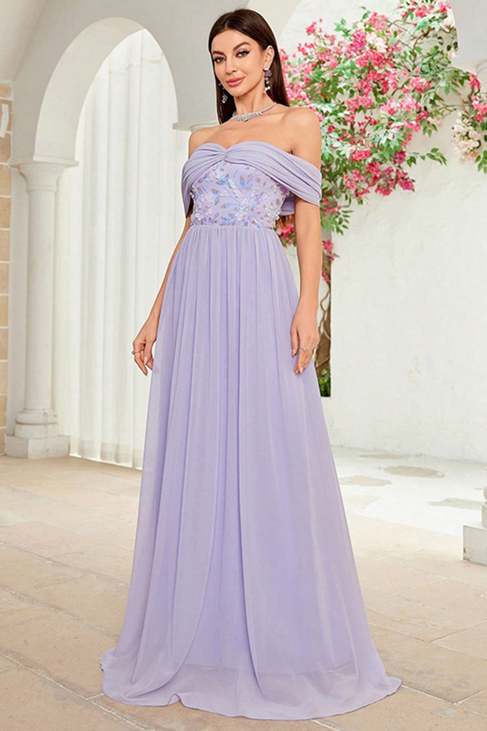 Robe de bal longue florale violet gris à épaules dénudées