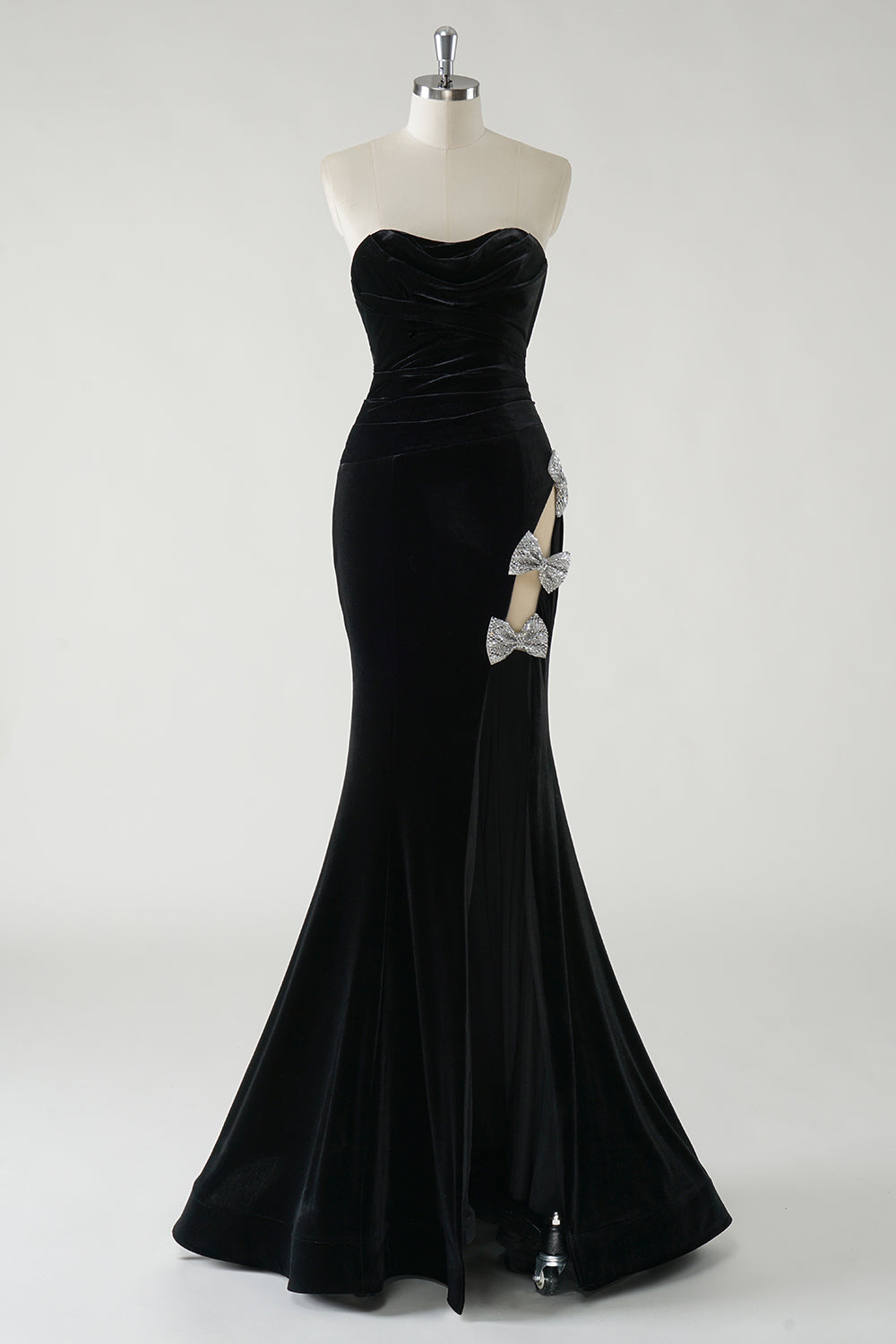 Robe longue formelle en velours noir sans bretelles scintillante avec fente haute (pas de gants)