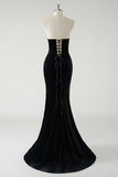 Robe longue formelle en velours noir sans bretelles scintillante avec fente haute (pas de gants)
