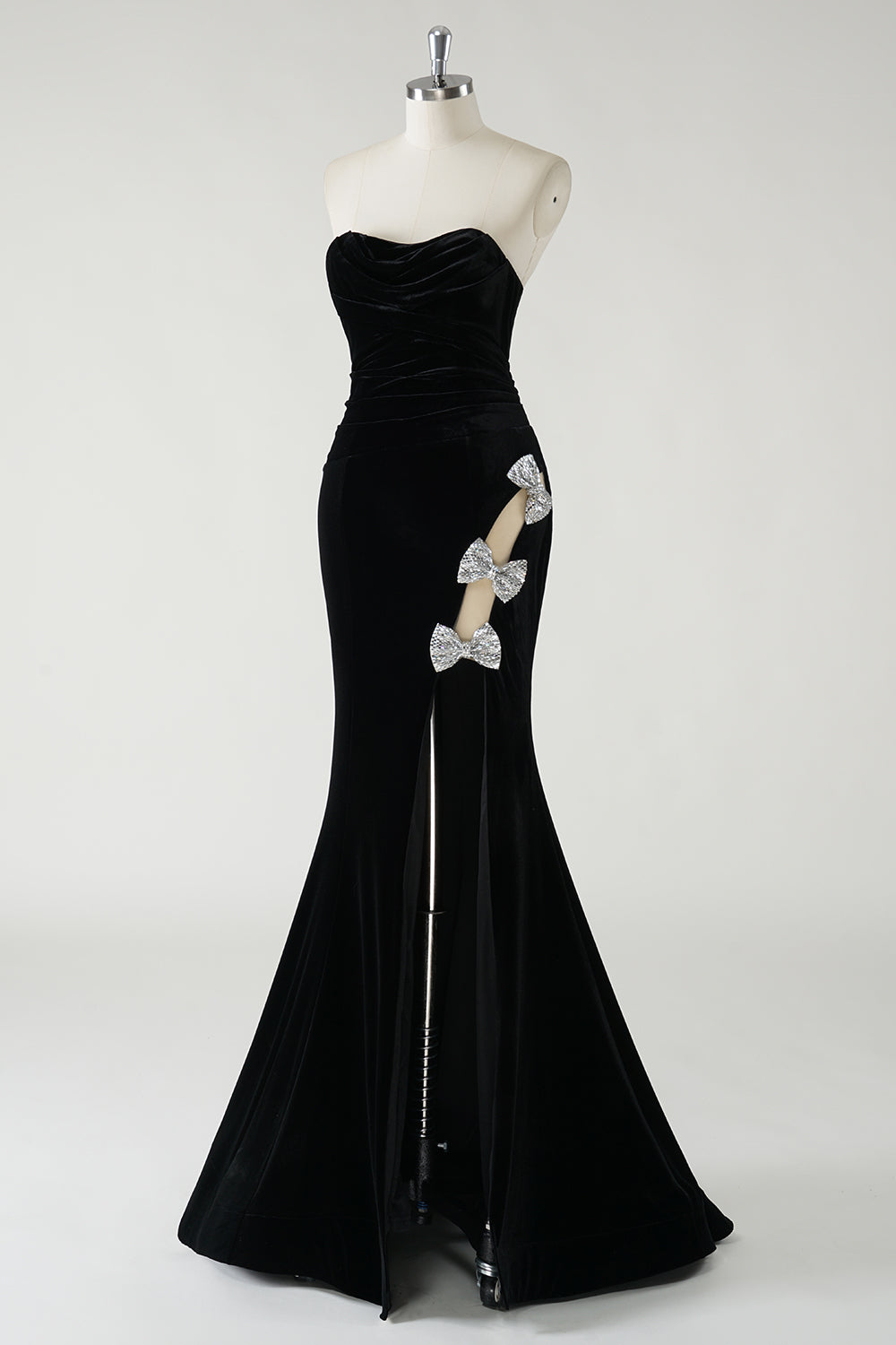 Robe longue formelle en velours noir sans bretelles scintillante avec fente haute (pas de gants)